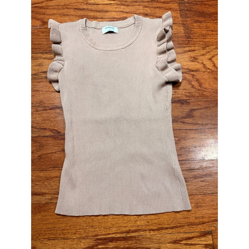 The Workshop Tan Beige‎ Ribbed Ruffle Sleeve Knit Sweater Tank Top Womens Medium